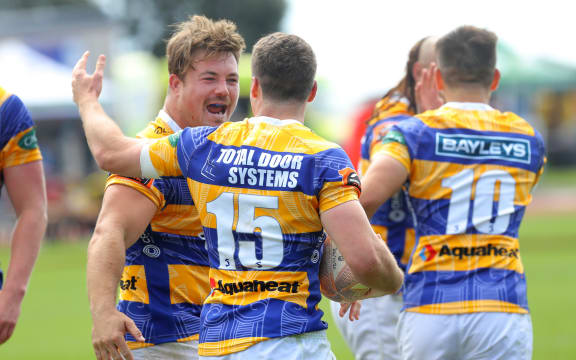 Bay of Plenty player Kaleb Trask celebrates with teamates after their huge win over Canterbury in the Mitre 10 Cup match played at Tauranga Domain in Tauranga on Saturday 24 October 2020.