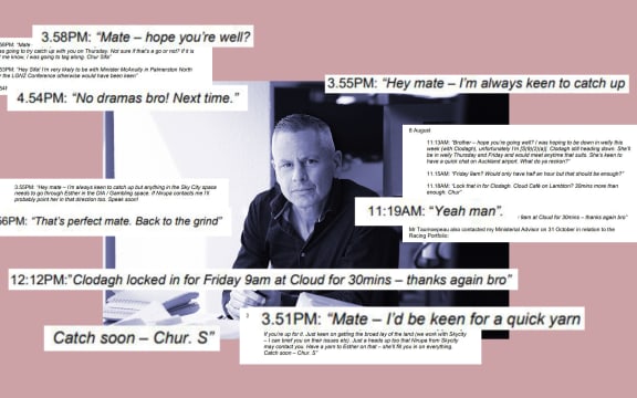 Guyon Espiner with screenshots of emails and text messages.