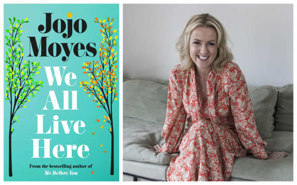 Jojo Moyes next to the book cover for her new book 'We All Live Here'