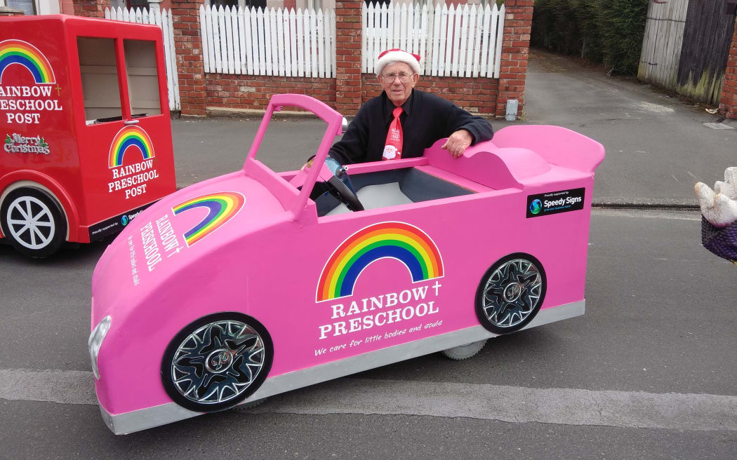 Warren Ockwell with one of the many floats he's created for Rainbow Preschool over the last 25 years.