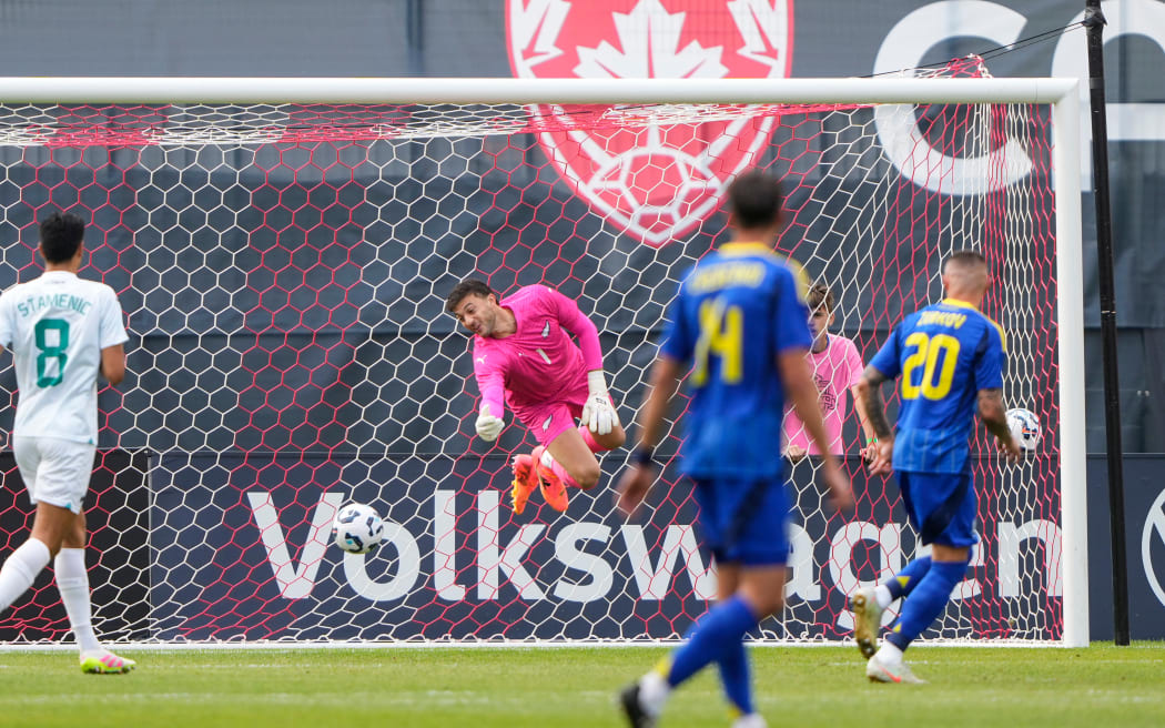 All Whites goalkeeper Max Crocombe forced into a save against Ukraine during the Canadian Shield men’s football tournament in Toronto, 2025.