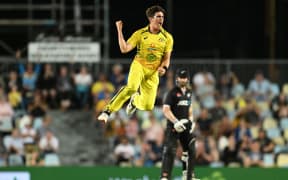 Sean Abbott celebreates a wicket, Chappell-Hadlee series, Cairns 2022.