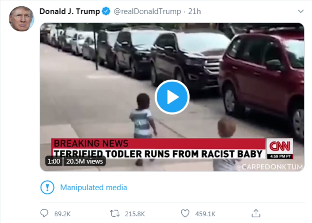 The US president's tweet is now annotated with a warning about the edited video.