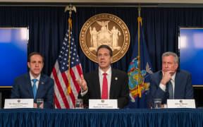 New York state Gov. Andrew Cuomo (C), New York City Mayor Bill DeBlasio (R) and New York state Department of Health Commissioner Howard Zucker hold a news conference on the first confirmed case of COVID-19 in New York .