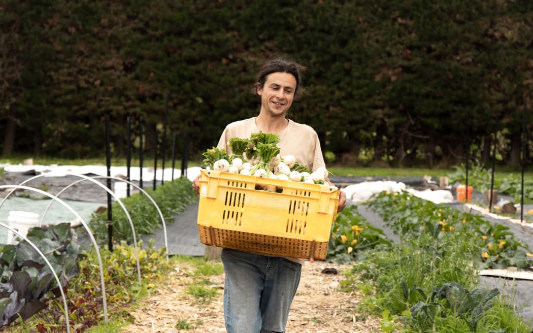 Jon with a box of newly harvested vegetables
