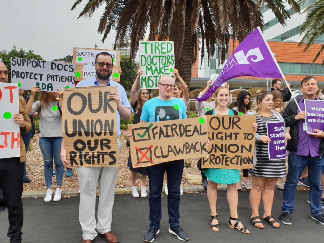 Junior doctors striking outside Wellington Hospital today.