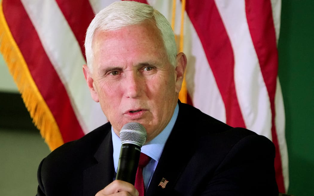 Former US Vice President Mike Pence answers questions at a luncheon sponsored by the UVU Gary R. Herbert Institute of Public Policy on April 28, 2023 at the Zion Bank headquarters in Salt Lake City, Utah.