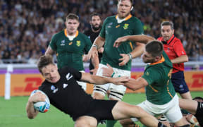 George Bridge (11) of New Zealand tries in the first half during the Pool B match of 2019 Rugby World Cup against South Africa at the International Stadium Yokohama (Nissan Stadium) in Yokohama City, Kanagawa Prefecture on September 21, 2019.