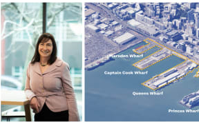 Head and shoulders of a woman in a  pinky beige jacket and a map of Auckland's waterfront