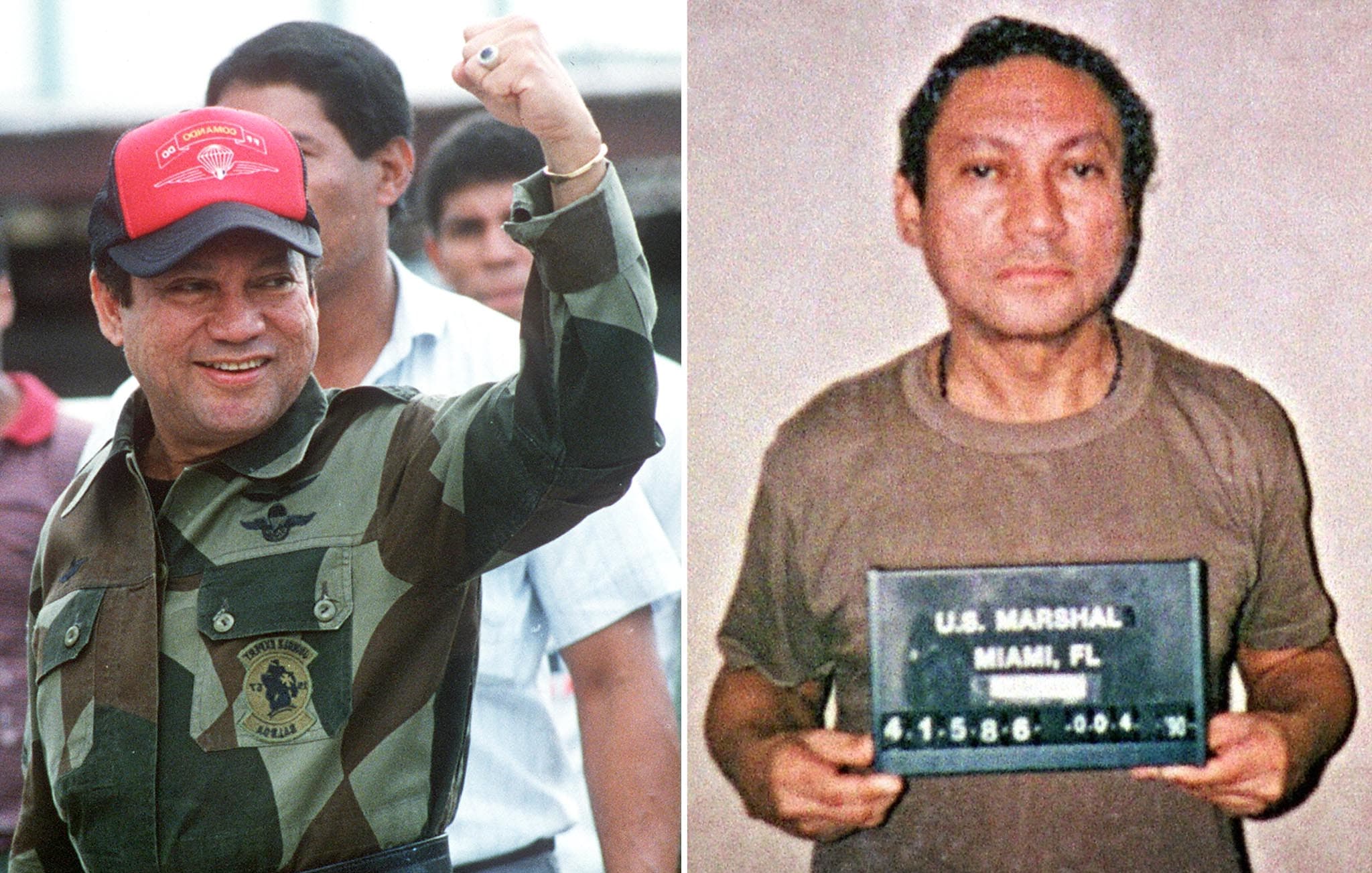 These two file photos show Panamanian General Manuel Noriega taken on 04 October, 1989 in Panama (L) and 04 January, 1990 in Miami (R)