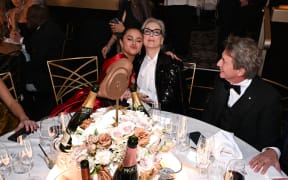 BEVERLY HILLS, CALIFORNIA - JANUARY 07: (L-R) Selena Gomez, Meryl Streep and Martin Short at The 81st Annual Golden Globe Awards with MoÃ«t & Chandon, Celebrating the 13th Year of Toast for a Cause at the Beverly Hilton on January 7, 2023 (Photo by Michael Kovac/Getty Images for MoÃ«t & Chandon)