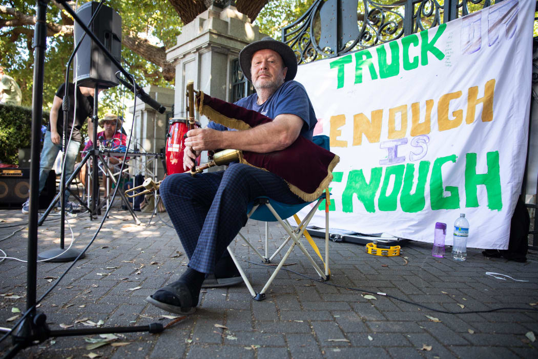 Anti-vaccine, anti-mandate protest in Wellington on Parliament grounds on 16 February 2022.