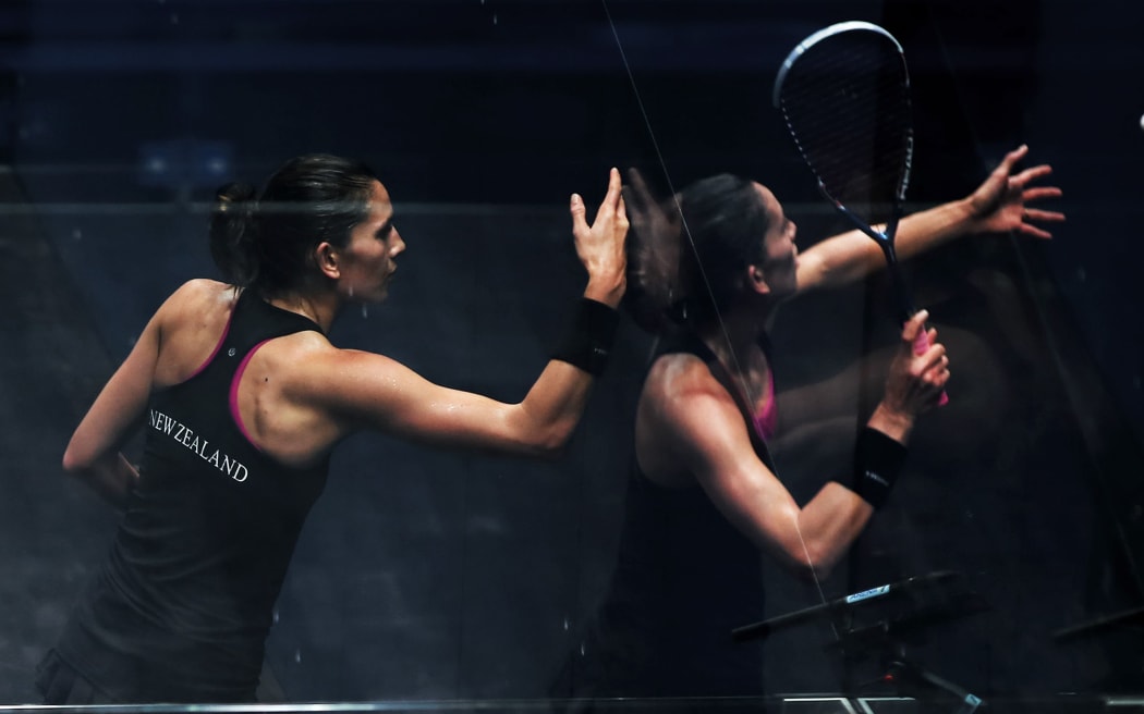 Joelle King of New Zealand competes against Alison Waters of England in the Womens Singles bronze medal match. Glasgow 2014 Commonwealth Games. July 2014.
