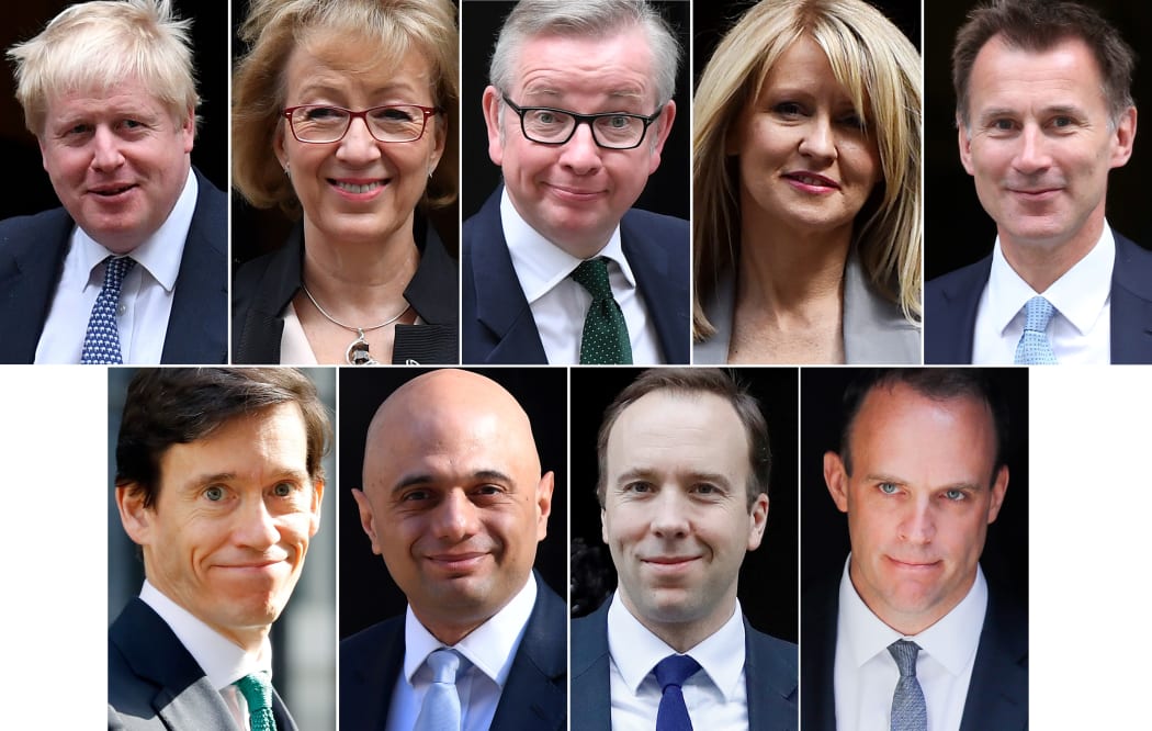 Nine of the 10 contenders in the Conservative Party leadership contest: (top L-R)  Boris Johson, Andrea Leadsom, Michael Gove, Esther McVey, Jeremy Hunt, (bottom L-R)  Rory Stewart, Sajid Javid, Matt Hancock and Dominic Raab.