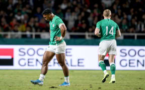 Bundee Aki leaves the field after being sent off against Samoa.