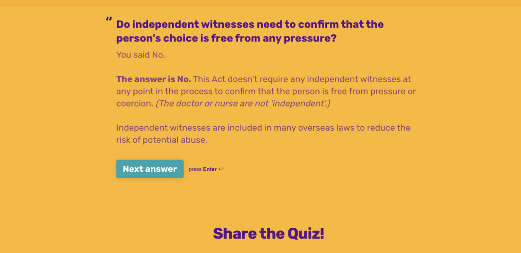One of the questions in votesafe.nz's quiz on euthanasia.