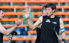 Black Sticks captain Simon Child celebrates scoring a goal 2015.