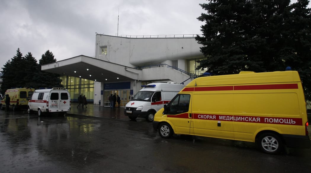 Ambulances outside the airport after the crash of a FlyDubai Boeing aircraft in Rostov-on-Don.