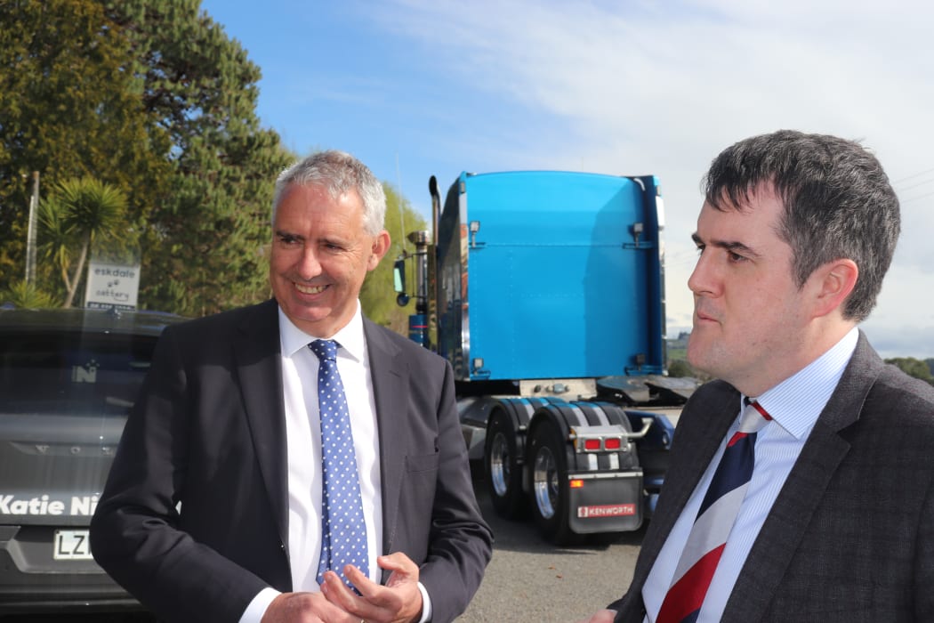 Tukituki MP Lawrence Yule (left) and National transport spokesman Chris Bishop beside State Highway 5, the Napier-Taupo Rd this morning.