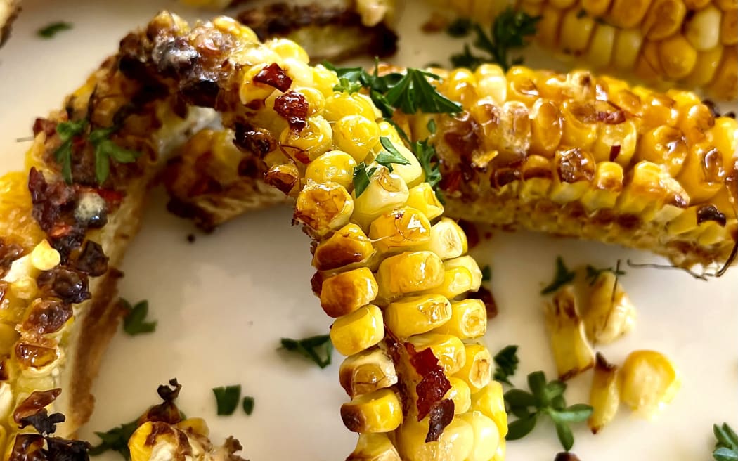 Roasted sweetcorn ribs with chilli-honey butter.