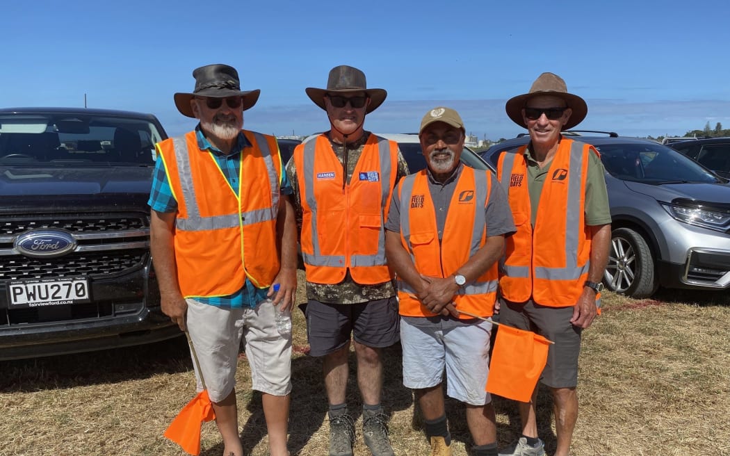 KDC councillor Ash Nayyar (second from right) was among volunteers parking 20,000 visitors' Northland Field Days vehicles over the event’s three days along with (from left) Dargaville quartet of KDC councillor Ash Nayyar (second from right), with (from left) Anthony Taylor, Darren Jones and John Murray