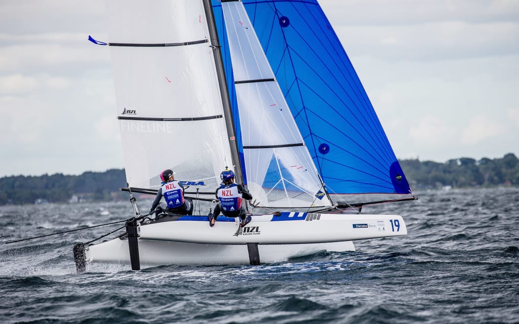 Olivia Mackay and Micah Wilkinson (NZL) in the Nacra 17.