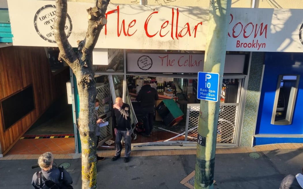 The front of The Cellar Room bottle shop in Brooklyn, Wellington, has been smashed.
