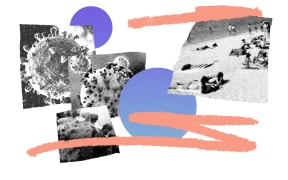 Collage of Covid molecules and sunbathers on beach