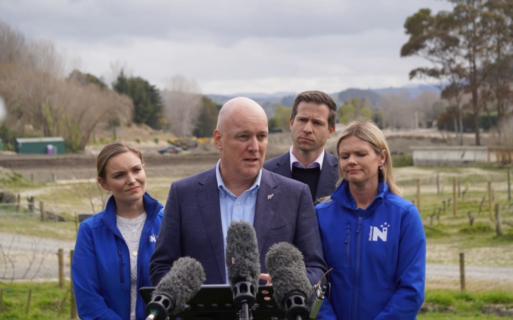 National party leader Christopher Luxon speaks to locals and announces a cyclone recover policy while on the campaign trail in Esky Valley on 4 September, 2024.