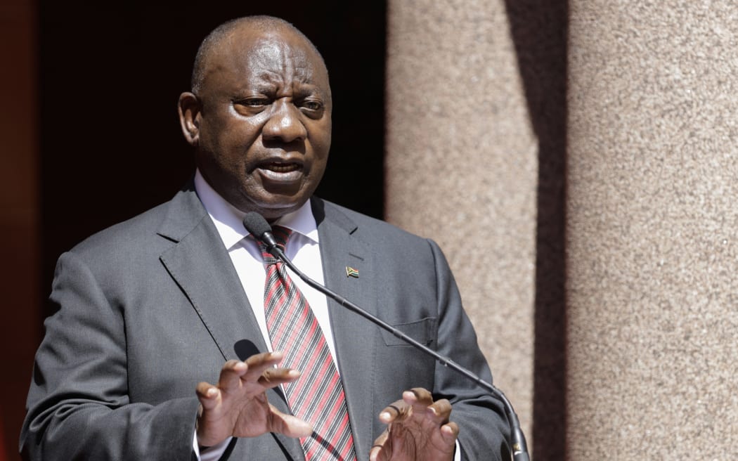 South African President Cyril Ramaphosa speaks during a press conference after meeting with Ugandan President Yoweri Museveni (not seen) at the Union Buildings in Pretoria on February 28, 2023.