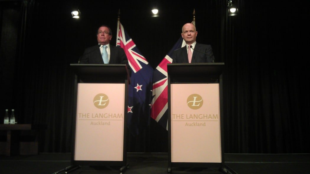Murray McCully, left, and William Hague outline the agreement in Auckland.