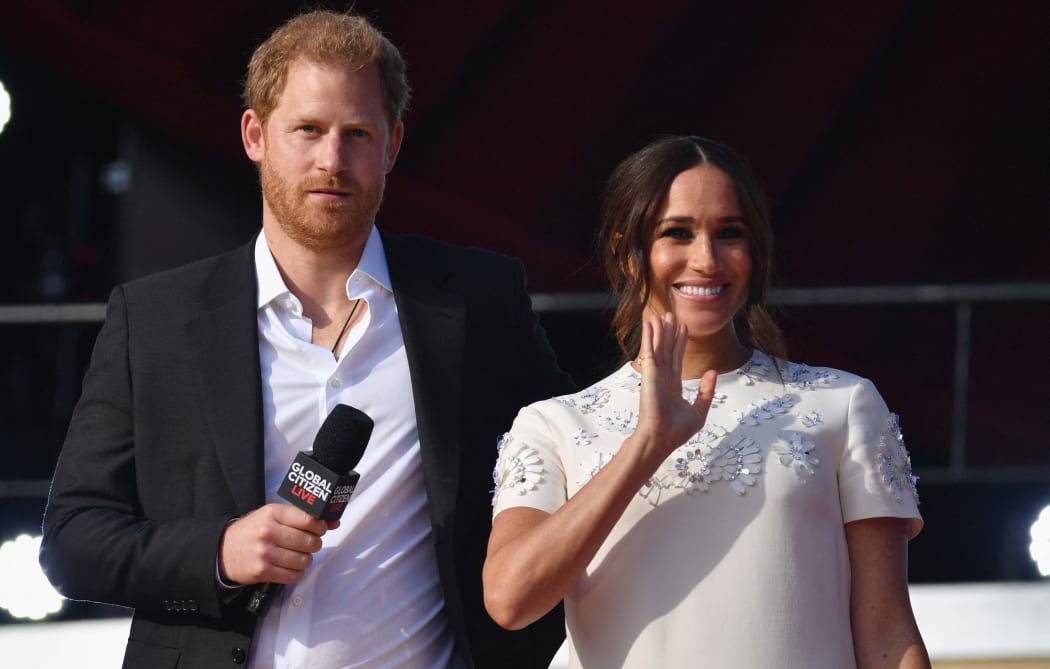 Britain's Prince Harry and Meghan Markle speak during the 2021 Global Citizen Live festival at the Great Lawn, Central Park on September 25, 2021 in New York City.