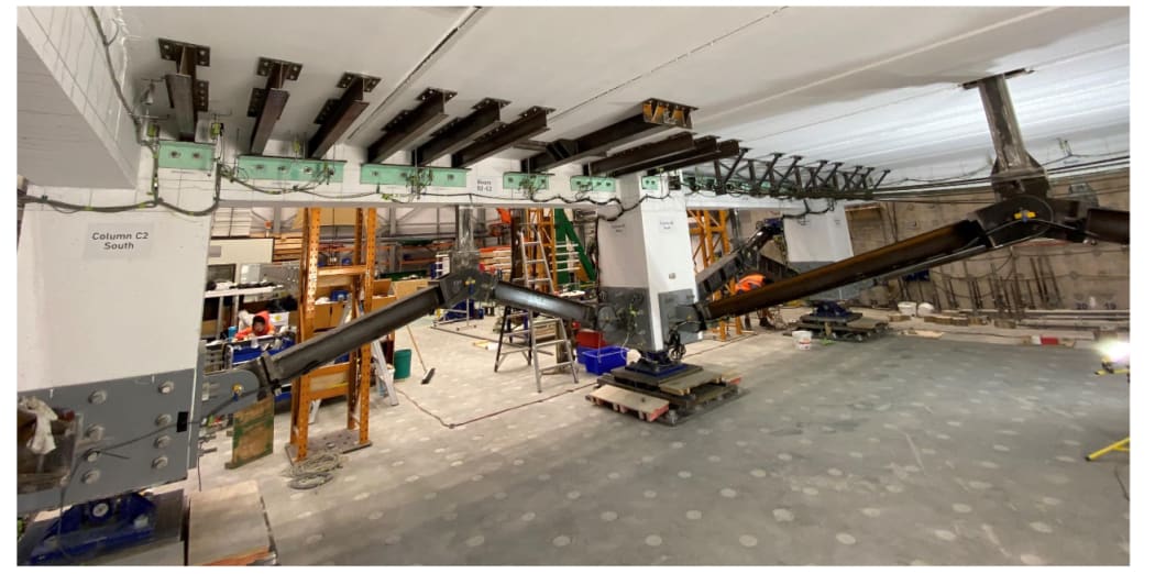 A strongback system - a retrofit  now being recommended in NZ -  is tested by ReCast Floors researchers.