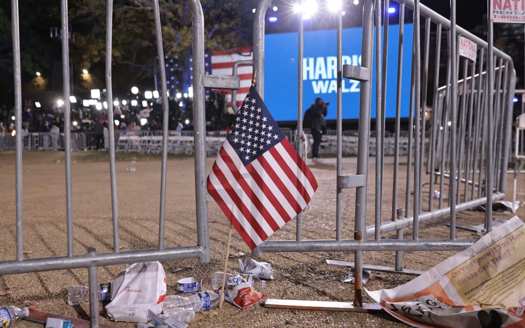 The photo shows the Stars and Stripes at Kamala Harris's event in Washington DC, on November 6, 2024.( The Yomiuri Shimbun via AP Images ) (Photo by Kouki?Kataoka / Yomiuri / The Yomiuri Shimbun via AFP)