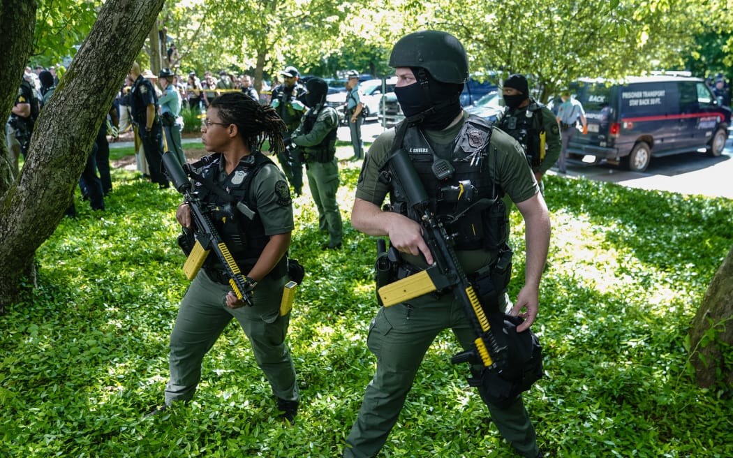 Atlanta Police Department officers monitor a pro-Palestinian protest against the war in Gaza at Emory University on April 25, 2024, in Atlanta, Georgia.