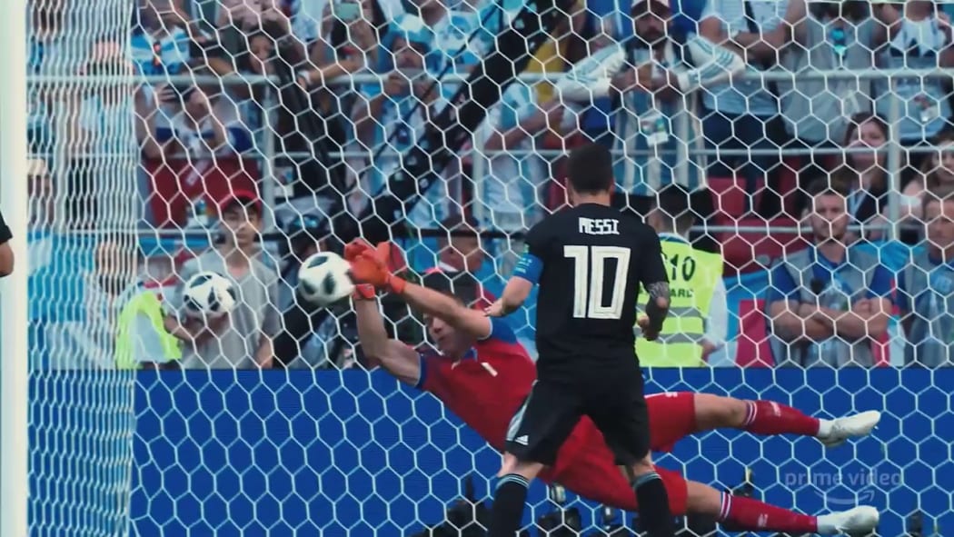 Hannes Þór Halldórsson (a professional filmmaker) saves a crucial penalty from Lionel Messi (a professional footballer) at the 2018 World Cup in Russia. (Episode 4: Pride)