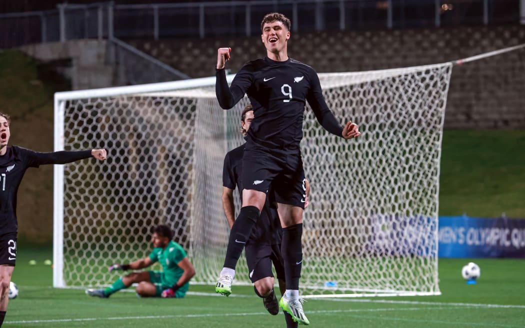 Stirker Riley Bidois celebrates one of his five goals for the Oly Whites against Fiji in the final of the Oceania Olympic qualifying tournament.