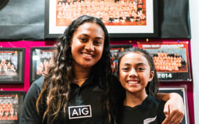 Blaire Apu'ula with her favourite Back Ferns player, Monica Tagoai.
