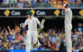 Steve Smith celebrates scoring a 100 runs in the first innings.