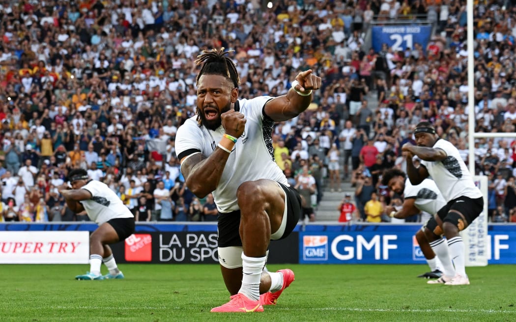 Waisea Nayacalevu of Fiji leads his teammates as players of of Fiji perform the Cibi prior to the Rugby World Cup France 2023 match between Australia and Fiji at Stade Geoffroy-Guichard on September 17, 2023 in Saint-Etienne, France.