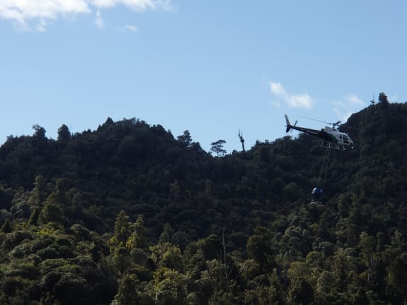 A helicopter with a bait bucket underneath flies over the Tongariro Conservation Area, where 1080 is regularly used to protect kiwi and whio