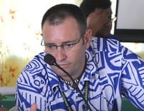 The director general of the  Pacific Islands Fisheries Forum Agency, James Movick, Tuvalu Minister Elisala Pita  and the Agency's deputy director general Wez Norris.