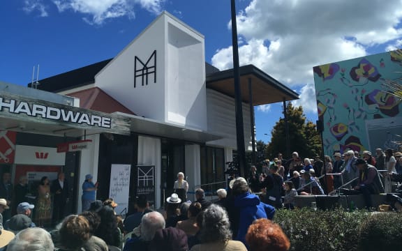 Director Janet Bayly speaks at the opening of Toi Mahara gallery in Waikanae October 2023