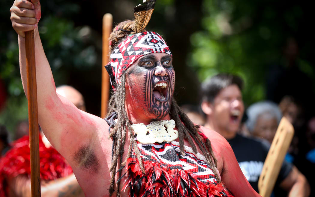 A haka on Parliament grounds during the presentation of petition to have the Land Wars recognised.