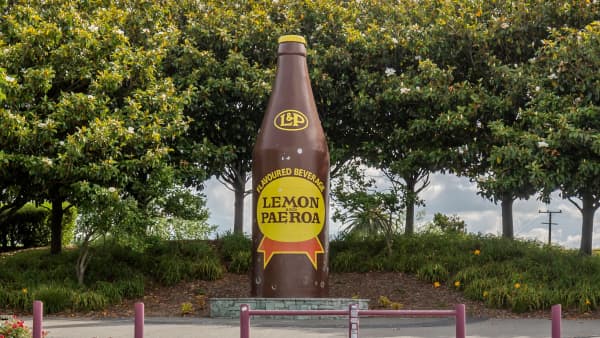 The big L&P drink bottle statue in its hometown Paeroa, Thames Valley.