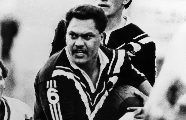 New Zealand Kiwis player Olsen Filipaina in action with Howie Tamati behind.