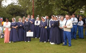 Hopeful Christian (pictured far right) with other members of the Gloriavale Community at an event of the West Coast.