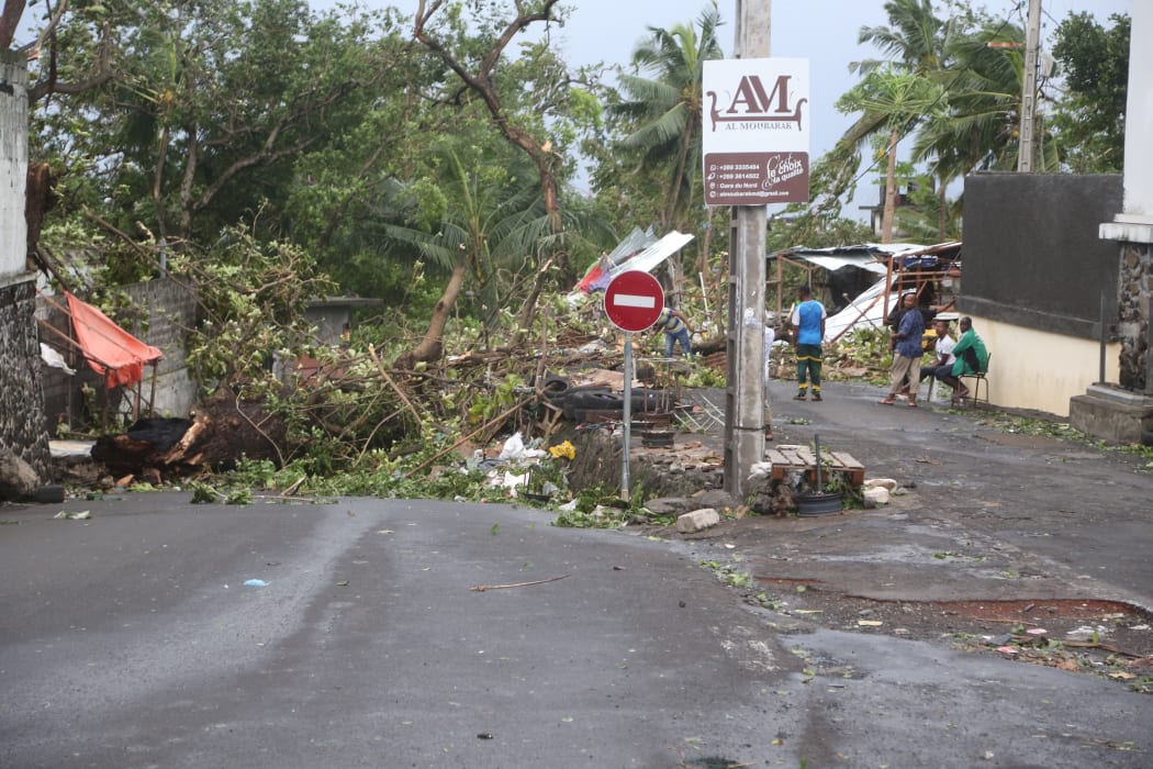 People stand by fallen trees on April 25, 2019 in Moroni after tropical storm Kenneth hit Comoros.