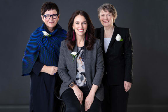 Former Prime Minister Jenny Shipley, left, current Prime Minister Jacinda Ardern, centre, and former Prime Minister Helen Clark, right.