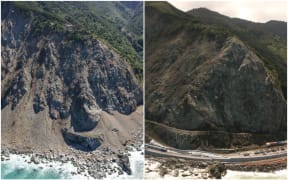 Ohau Point on SH1 north of Kaikōura immediately after the November 2016 earthquake, at left, and now.